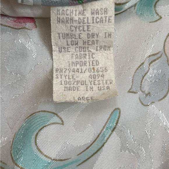 Vintage 80s Ivory Based Pastel Pink Teal Silver Floral Print Satin Wrap Robe - Picture 7 of 10